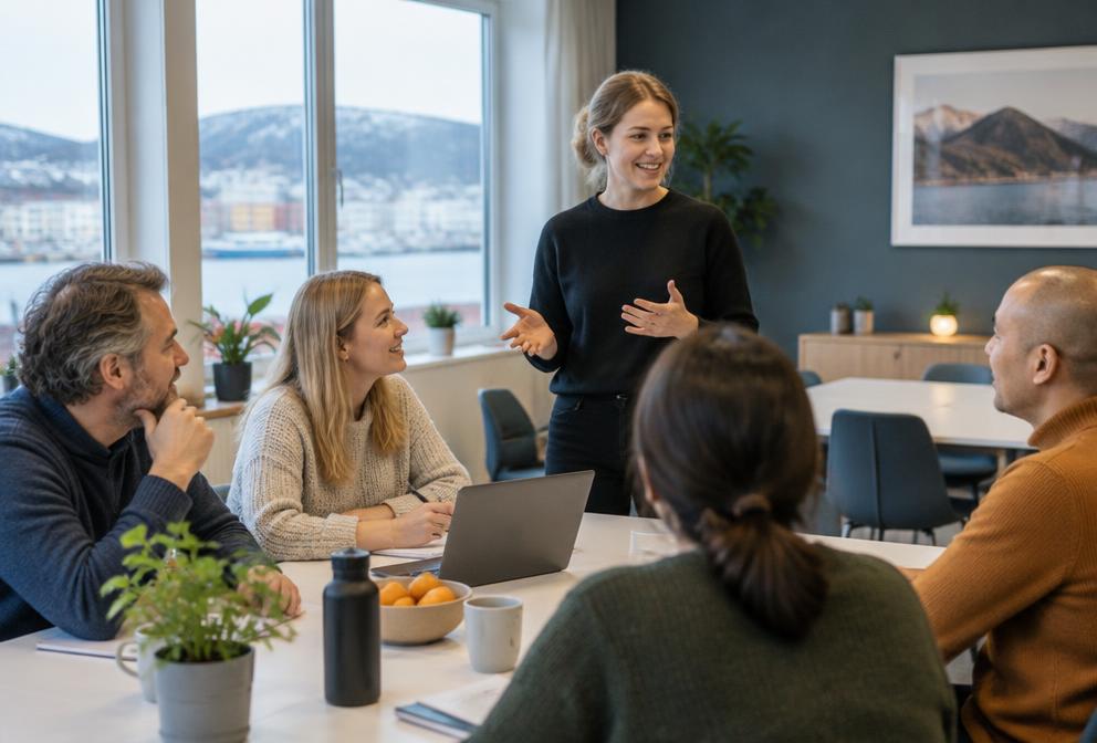 Deltakere på kurs i et lyst møterom sammen med en veileder