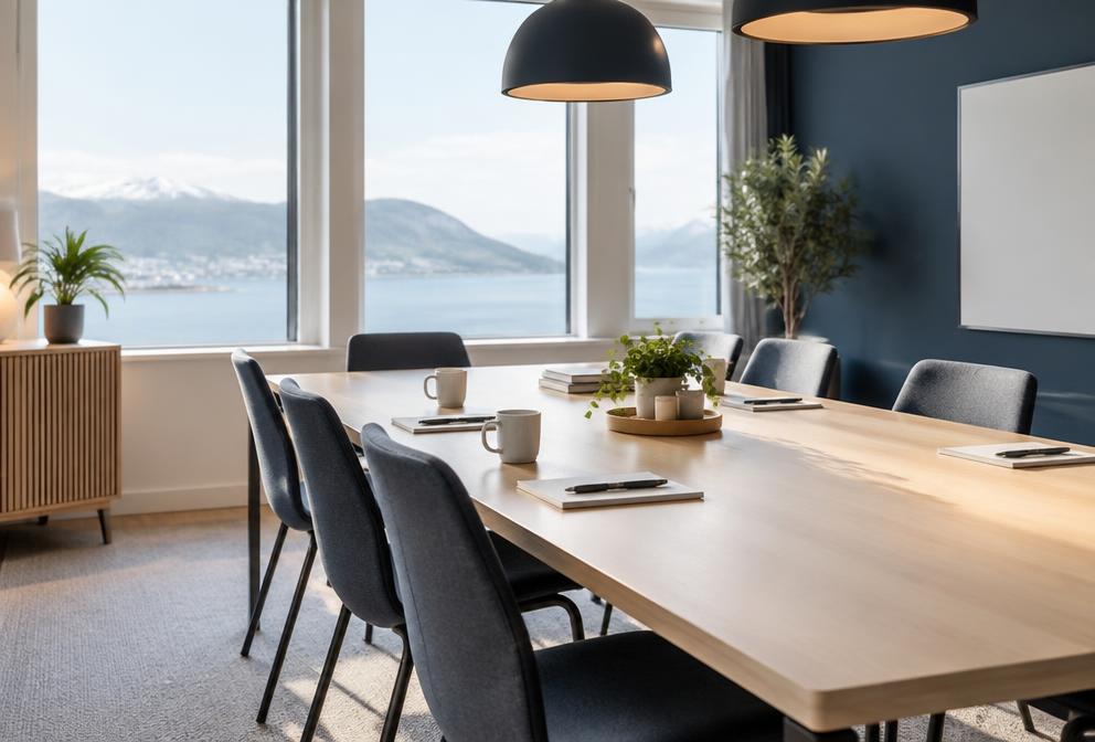 Tomt kursrom med bord, notater og kopper